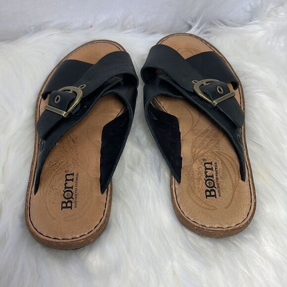 Born NWOT Black Double Strap Buckle Slides Sz 7 - Picture 3 of 6